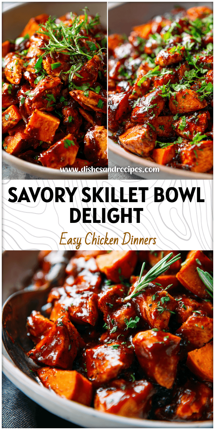 Skillet filled with BBQ chicken, roasted sweet potatoes, and fresh herbs served as a barbecue chicken bowl.