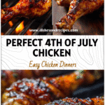 BBQ Grilled Chicken Drumsticks for the 4th of July 5 Close-up of BBQ grilled chicken drumsticks on skewers sizzling over a summer smoker for a 4th of July recipe.