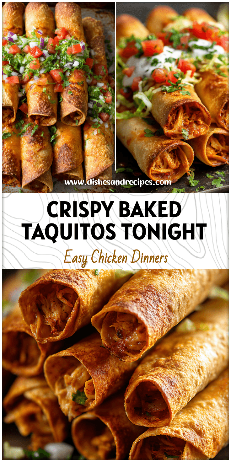 Golden baked chicken taquitos on a tray with fresh toppings and crispy tortilla edges.