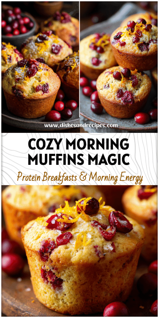 Golden brown moist Cran Orange Muffins topped with fresh cranberries and orange zest on a rustic breakfast table