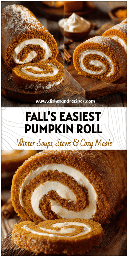 A sliced Cake Mix Pumpkin Roll with cream cheese filling on a rustic wooden board.