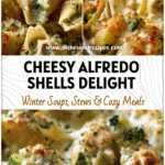 Cheesy Chicken and Broccoli Alfredo Stuffed Shells baked golden with creamy white sauce.