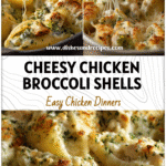 Baked cheesy chicken and broccoli Alfredo stuffed shells without ricotta served hot in a casserole dish