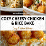 Golden Tater Tots topping a creamy cheesy chicken and rice casserole in a winter bake dish