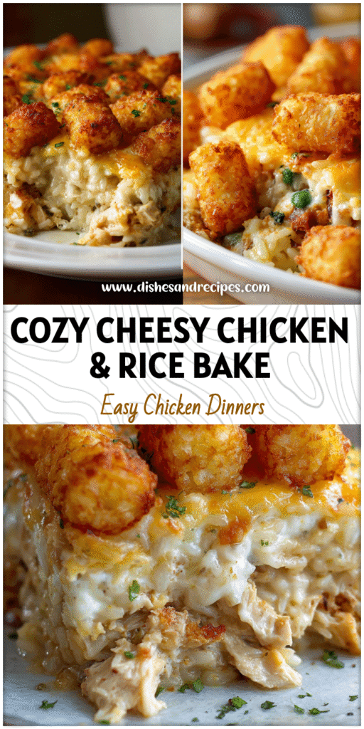 Golden Tater Tots topping a creamy cheesy chicken and rice casserole in a winter bake dish