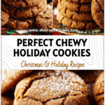 Stack of chewy Ginger Molasses Cookies dusted with sugar on a festive holiday plate.