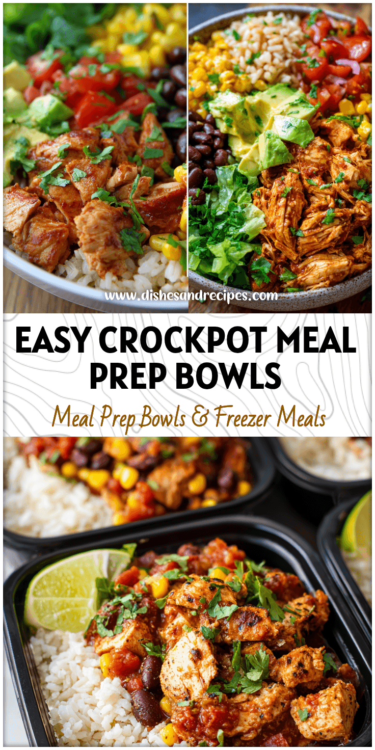 Colorful chicken burrito bowls with seasoned crockpot chicken, rice, beans, corn, and fresh toppings served in meal prep containers.