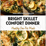 Chicken & Orzo Lemon Skillet with Spinach and Parmesan 5 A skillet filled with Chicken Orzo Spinach Lemon and Parmesan garnished with fresh herbs.