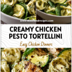 Chicken Pesto Tortellini Salad with Zucchini and Spinach 5 Creamy chicken pesto tortellini salad with zucchini and pesto spinach in a white bowl.