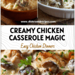 Baked chicken and rice casserole topped with creamy mushroom sauce in a rustic dish.