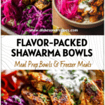 Colorful Chicken Shawarma Meal Prep Bowls topped with pickled red cabbage for easy lunch prep.