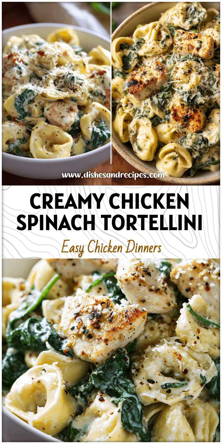 Bowl of creamy chicken and spinach tortellini topped with roasted garlic sauce and sprinkled parmesan cheese