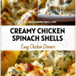 Chicken & Spinach Stuffed Shells with Creamy Ricotta and White Sauce 5 Baked Chicken and Spinach Stuffed Shells topped with creamy white sauce and melted cheese.