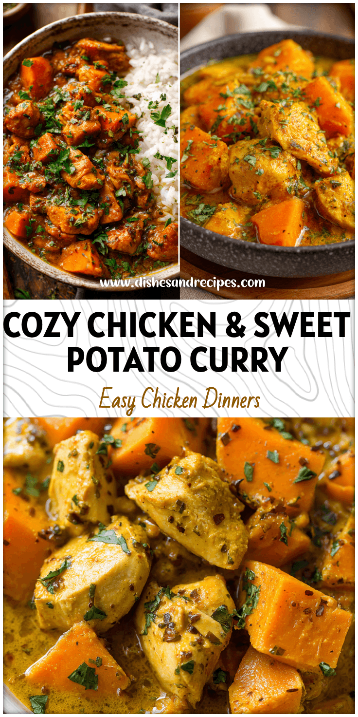Bowl of Chicken & Sweet Potato Curry garnished with herbs, a wholesome crockpot dinner option.
