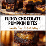 Close-up of chocolate pumpkin brownie bites with pumpkin pie filling on a rustic fall table.