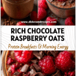 Chocolate Raspberry Overnight Oats with Dark Chocolate & Fresh Berries 5 A jar of creamy chocolate overnight oats topped with fresh raspberries and dark chocolate shavings.