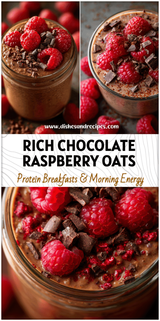 Home 21 A jar of creamy chocolate overnight oats topped with fresh raspberries and dark chocolate shavings.