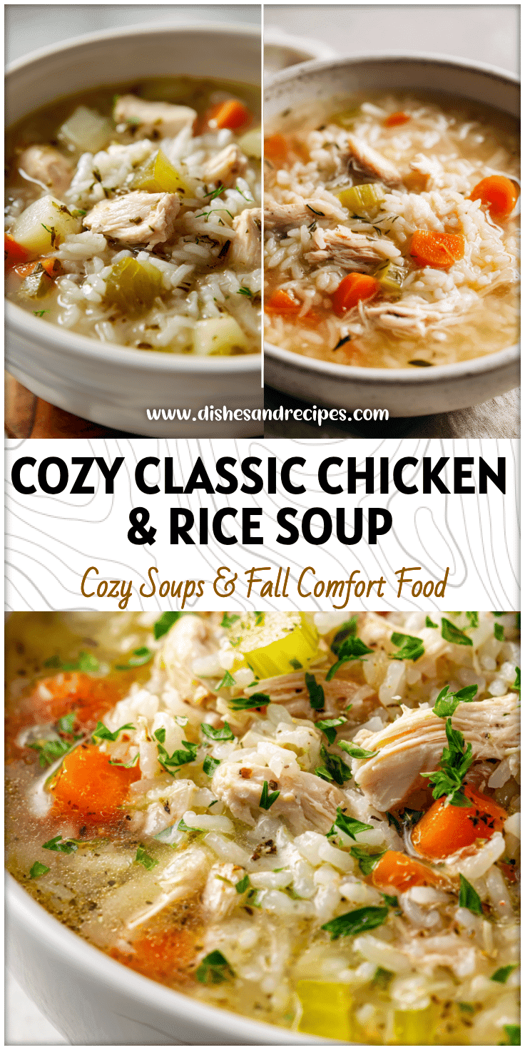 A bowl of Classic Chicken And Rice Soup with tender chicken pieces, fluffy rice, and vegetables served warm.