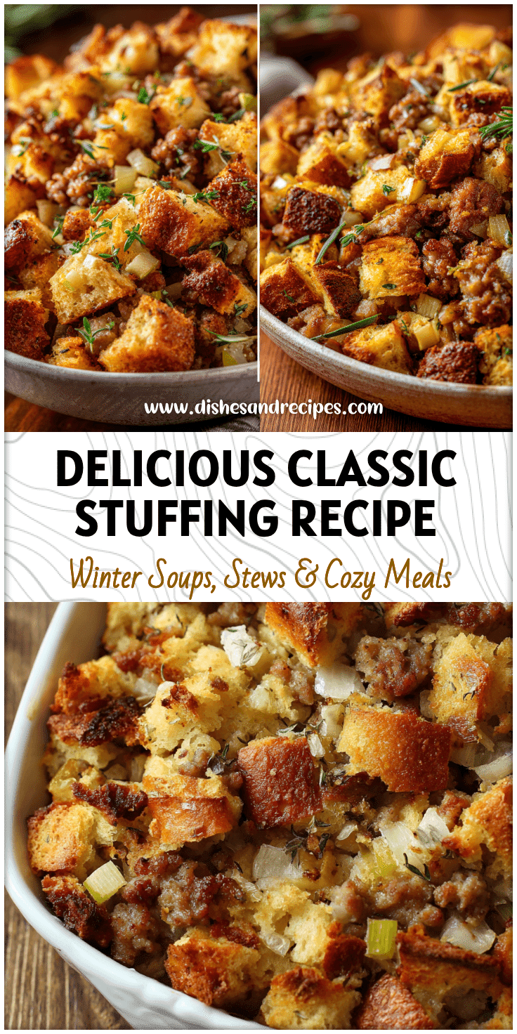 Golden baked Classic Thanksgiving Stuffing with sausage and apple chunks in a rustic dish.