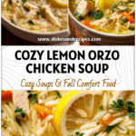 Bowl of creamy Lemon Orzo Soup with pieces of chicken, lemon slices, and fresh herbs.