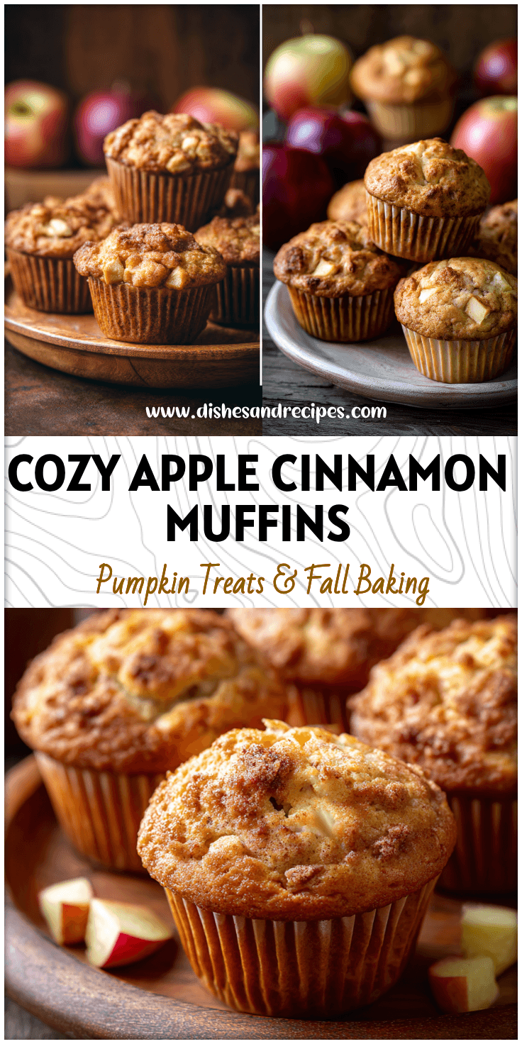 Freshly baked Apple Cinnamon Muffins with golden tops and bits of Warm Apple served on a rustic wooden plate.