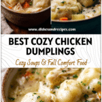 Cozy Chicken & Dumplings Soup with Thick, Fluffy Drop-In Dumplings 5 A bowl of Chicken Drop Dumpling Soup with thick dumplings, tender chicken, and rich broth in a rustic bowl.