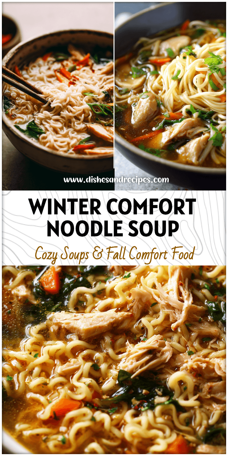 Bowl of cozy Chicken Noodle Winter Soup with Asian Ramen With Vegetables and tender Asian Chicken pieces.