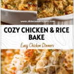 Cozy Chicken & Rice Winter Casserole for Family Dinners 5 Golden baked chicken and rice casserole in a white dish, served as a comforting family dinner meal.