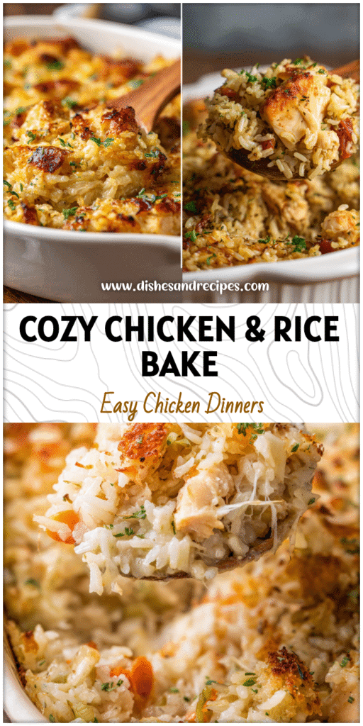 Golden baked chicken and rice casserole in a white dish, served as a comforting family dinner meal.