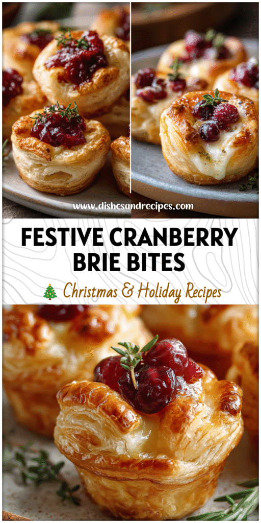 Golden puff pastry bites filled with brie cheese and cranberry sauce served on a holiday plate.