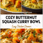 Creamy Butternut Squash Chicken Curry with Coconut Flavor 5 Bowl of creamy Butternut Squash Chicken Curry topped with fresh herbs and coconut sauce.