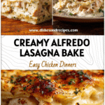Golden Chicken Alfredo Lasagna Bake layered with creamy Alfredo sauce and melted cheese on a rustic table.