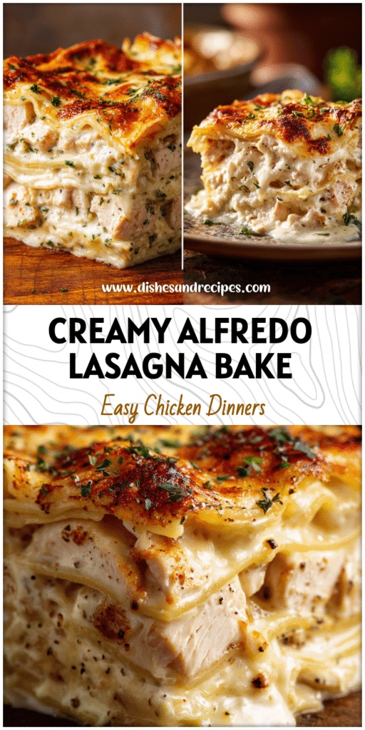 Golden Chicken Alfredo Lasagna Bake layered with creamy Alfredo sauce and melted cheese on a rustic table.