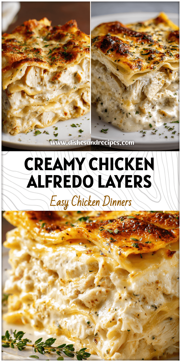 Golden Chicken Alfredo Lasagna layered with creamy Alfredo sauce and tender rotisserie chicken on a white plate