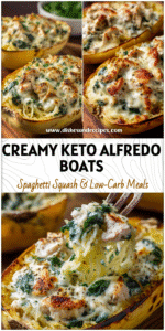 Halved spaghetti squash boats filled with creamy chicken Alfredo, spinach, and golden melted cheese.