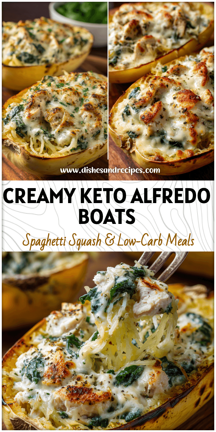 Creamy Chicken Alfredo Spaghetti Squash Boats with Spinach