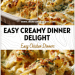 Creamy Chicken Alfredo Stuffed Shells Recipe for Easy Family Dinners 5 Golden baked Chicken Alfredo Stuffed Shells filled with creamy sauce and cheese in a casserole dish.