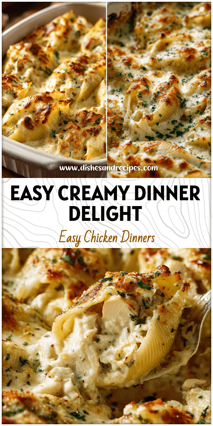 Golden baked Chicken Alfredo Stuffed Shells filled with creamy sauce and cheese in a casserole dish.