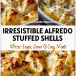 Golden Chicken Alfredo Stuffed Shells baked in creamy sauce topped with melted cheese.