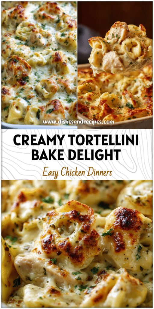 Golden baked Chicken Alfredo Tortellini topped with melted cheese and creamy Alfredo sauce in a casserole dish.