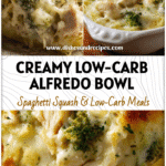 Creamy Chicken & Broccoli Alfredo Spaghetti Squash Bake 5 Creamy Chicken Broccoli Alfredo Stuffed Spaghetti Squash baked with golden cheese and herbs.