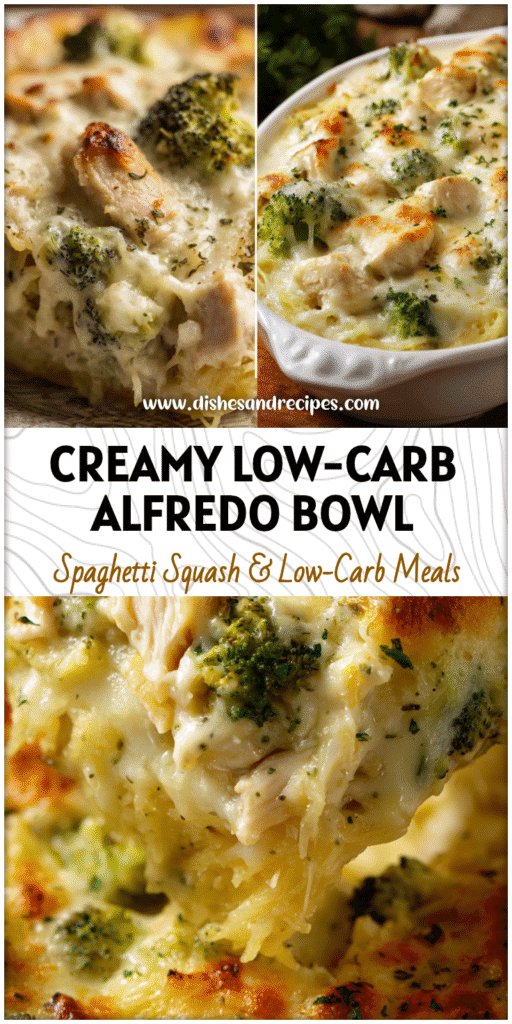 Home 19 Creamy Chicken Broccoli Alfredo Stuffed Spaghetti Squash baked with golden cheese and herbs.