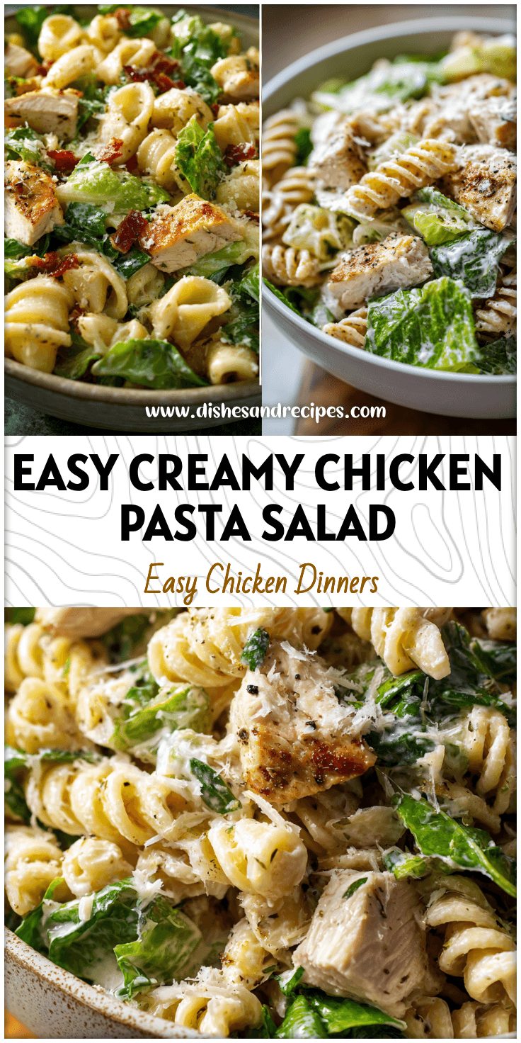 Bowl of creamy Chicken Caesar Pasta Salad with chicken pieces, fresh romaine, and parmesan cheese.