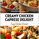 Bowl of creamy chicken Caprese pasta salad with tomatoes, basil, and mozzarella tossed in dressing
