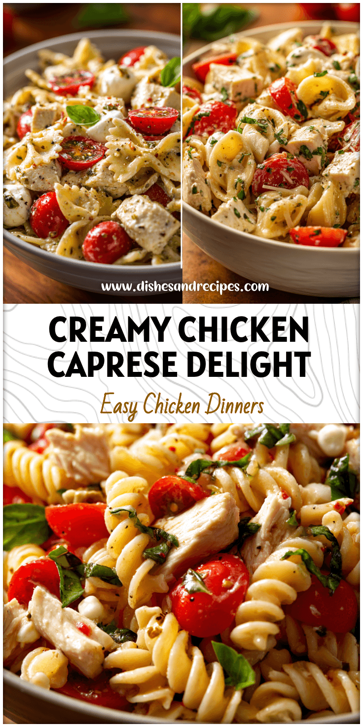 Bowl of creamy chicken Caprese pasta salad with tomatoes, basil, and mozzarella tossed in dressing
