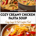 Bowl of creamy chicken fajita soup with peppers, cheese, and shredded chicken in a rustic bowl.