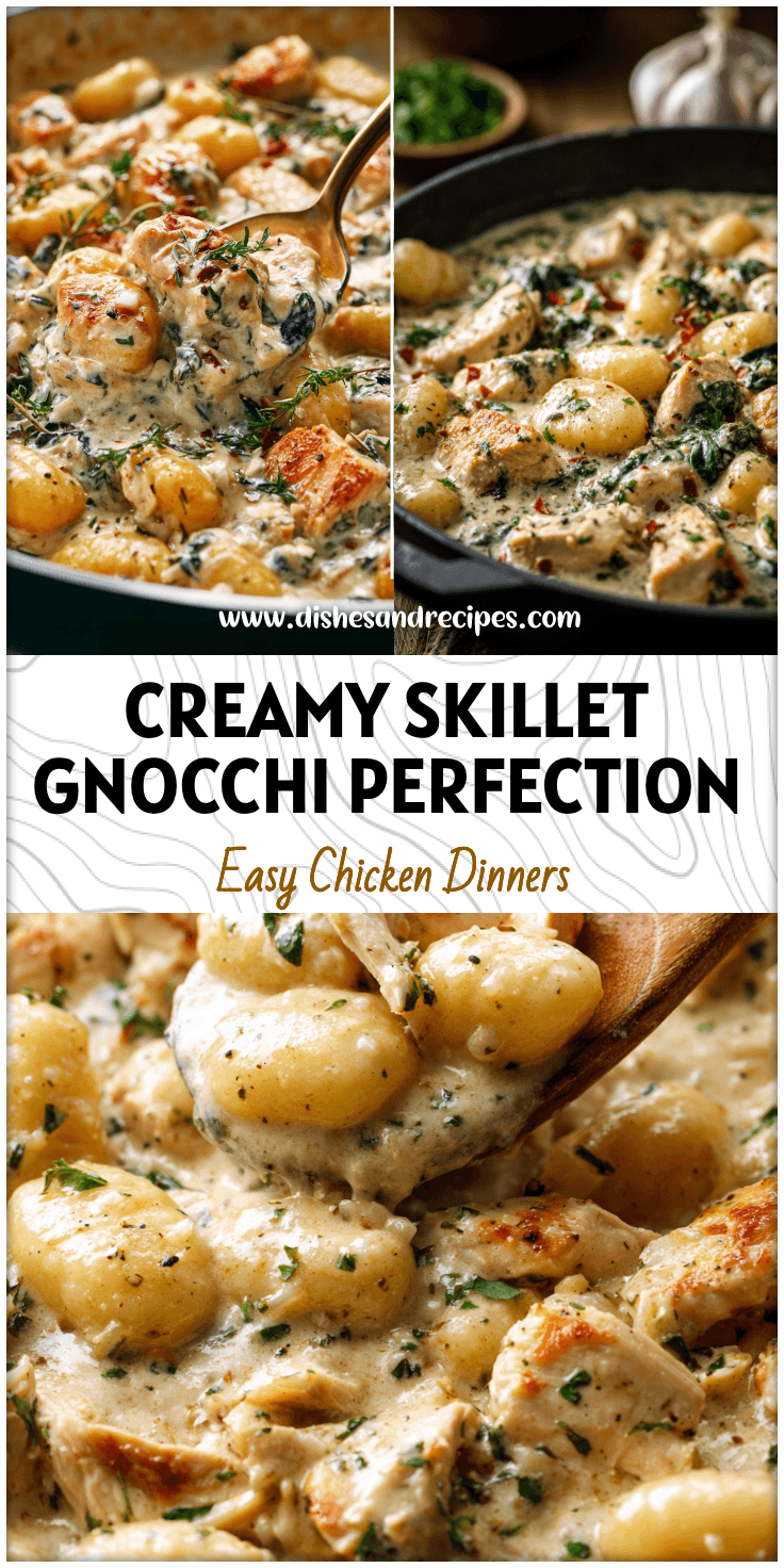 Skillet filled with creamy garlic chicken gnocchi and herbs, a comforting Chicken Dinner Recipe.