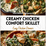 A skillet filled with creamy chicken and kale in rich cream cheese sauce topped with herbs.