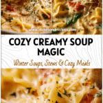 A bowl of creamy chicken parmesan soup crockpot style topped with noodles and melted cheese.