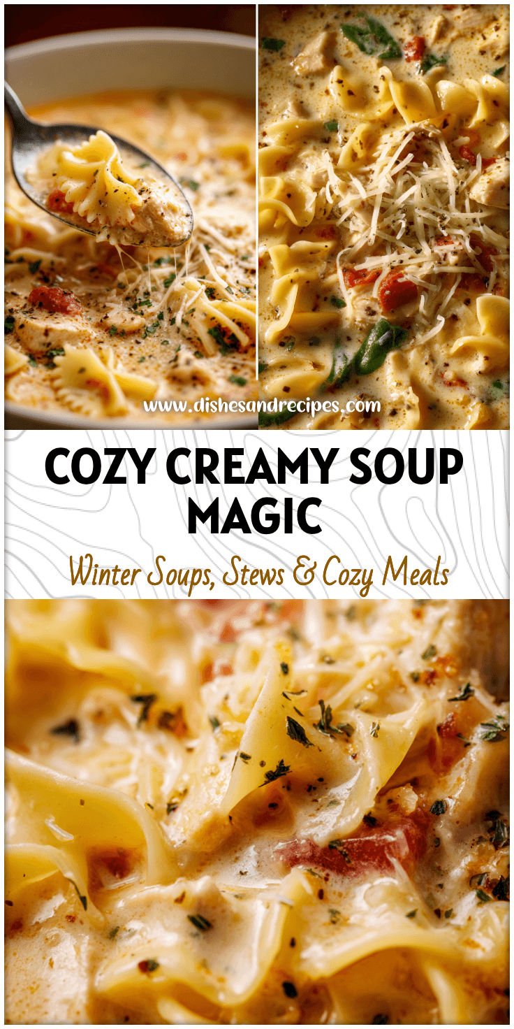 A bowl of creamy chicken parmesan soup crockpot style topped with noodles and melted cheese.